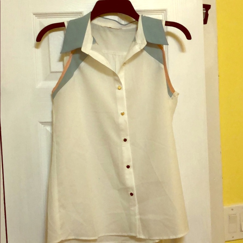 White tank top with blue and pale pink accents